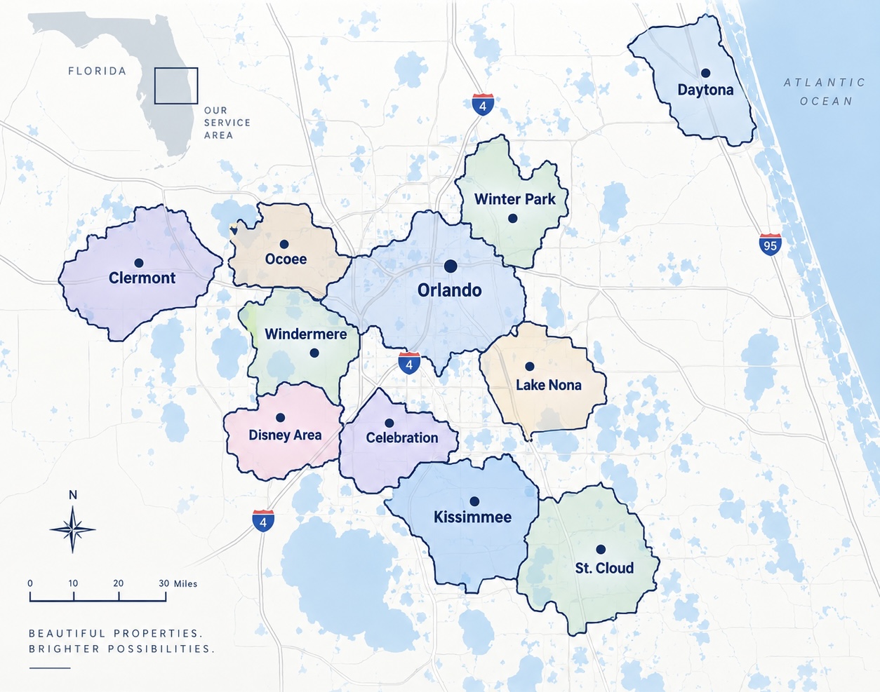 Central Florida service area map showing Orlando, Kissimmee, St. Cloud, Lake Nona, Celebration, Disney Area, Windermere, Winter Park, Ocoee, Clermont, and Daytona