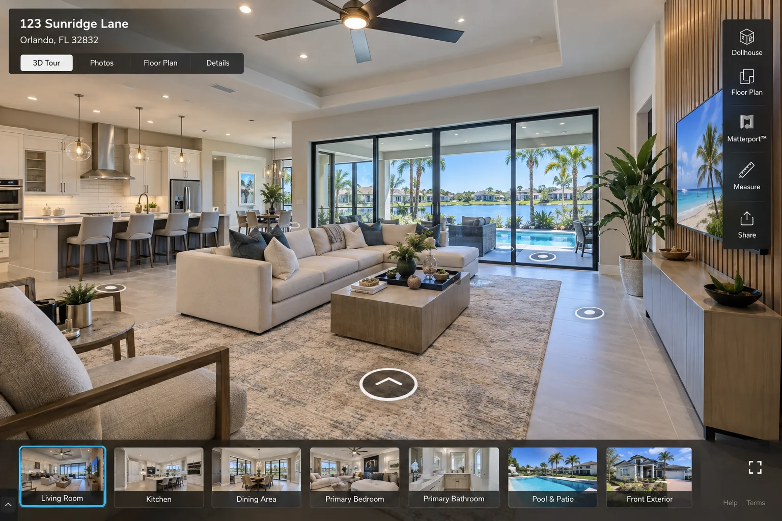 Matterport 3D tour interface showing a professionally photographed living room