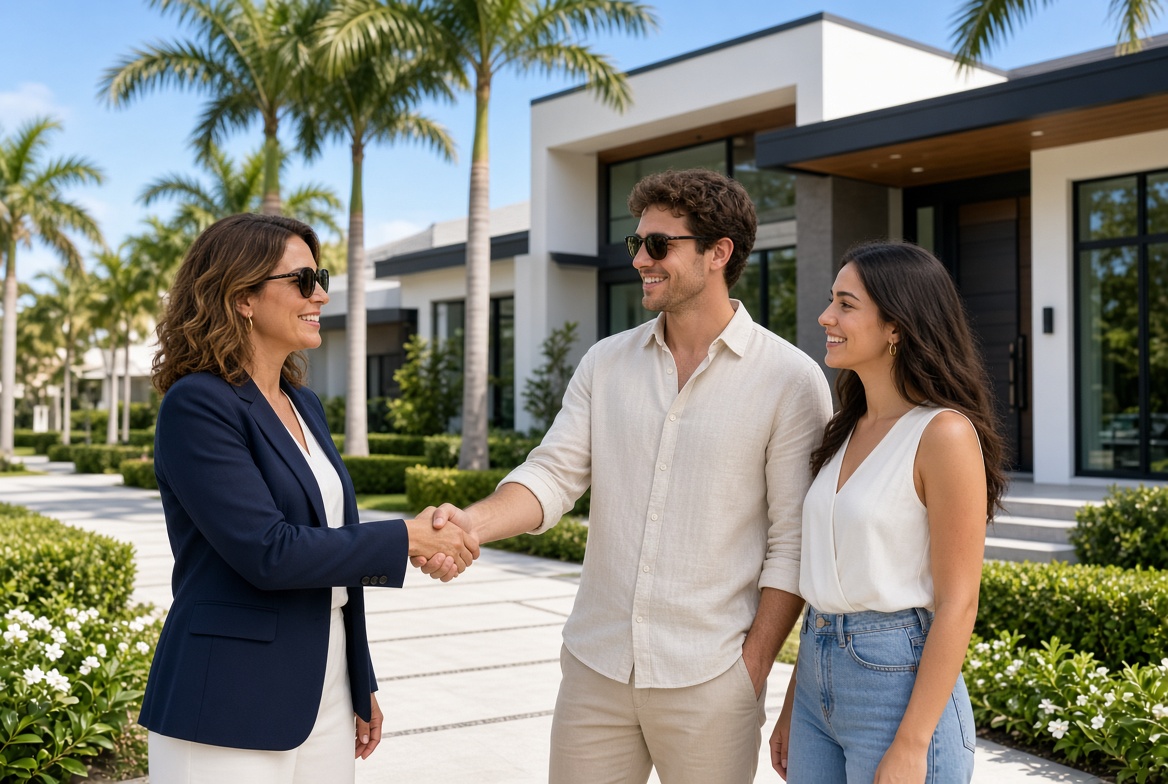Real estate agent greeting clients in front of a Central Florida home