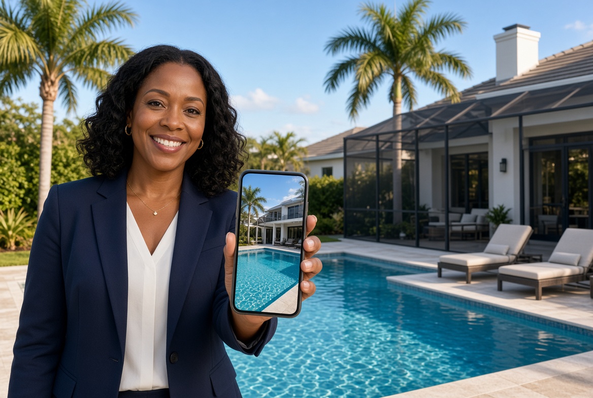 Real estate agent presenting social media content beside a Central Florida pool