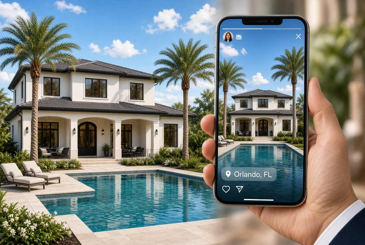 Real estate social media content shown on a phone beside a pool