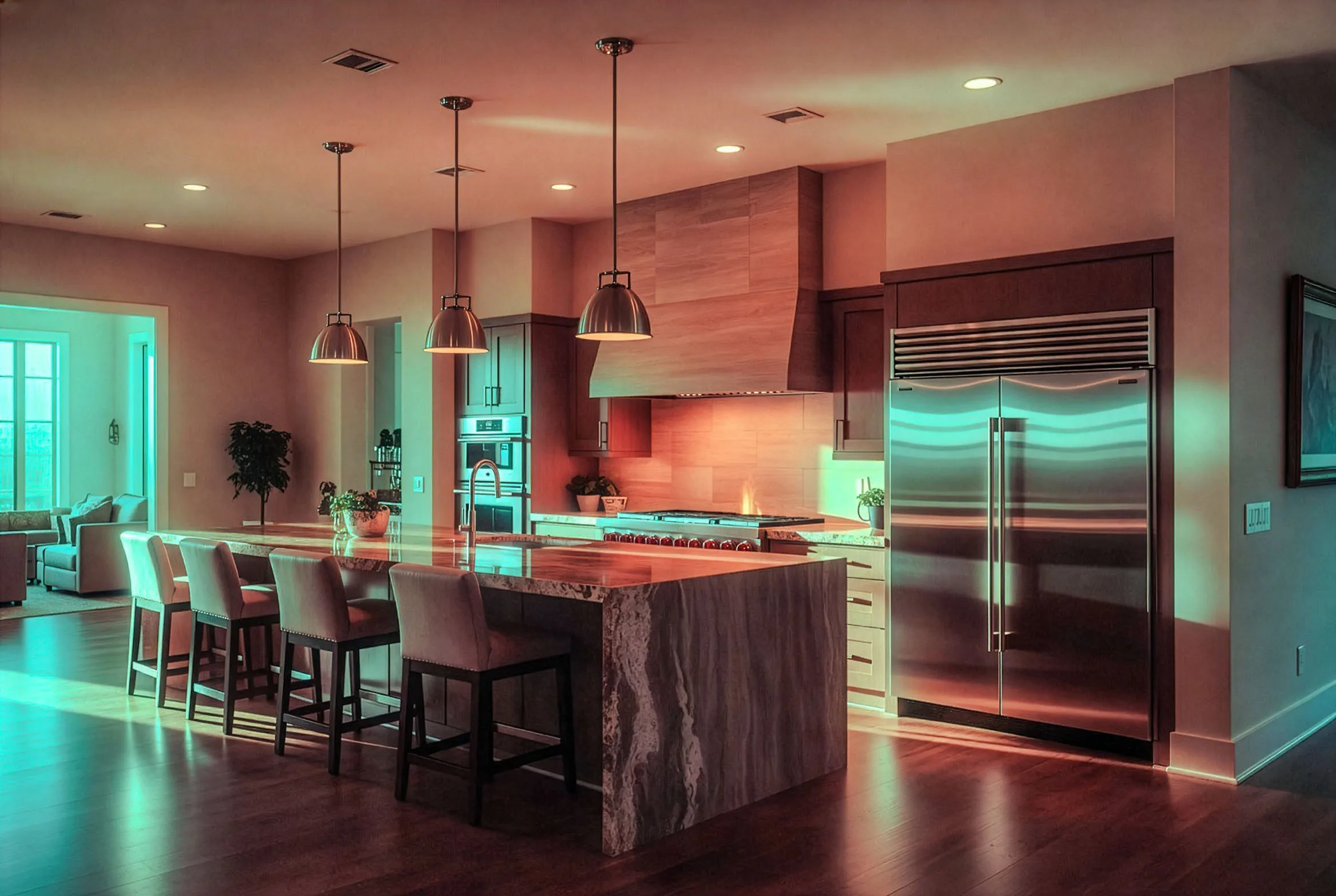 Chef's kitchen with a marble waterfall island and pendant lights