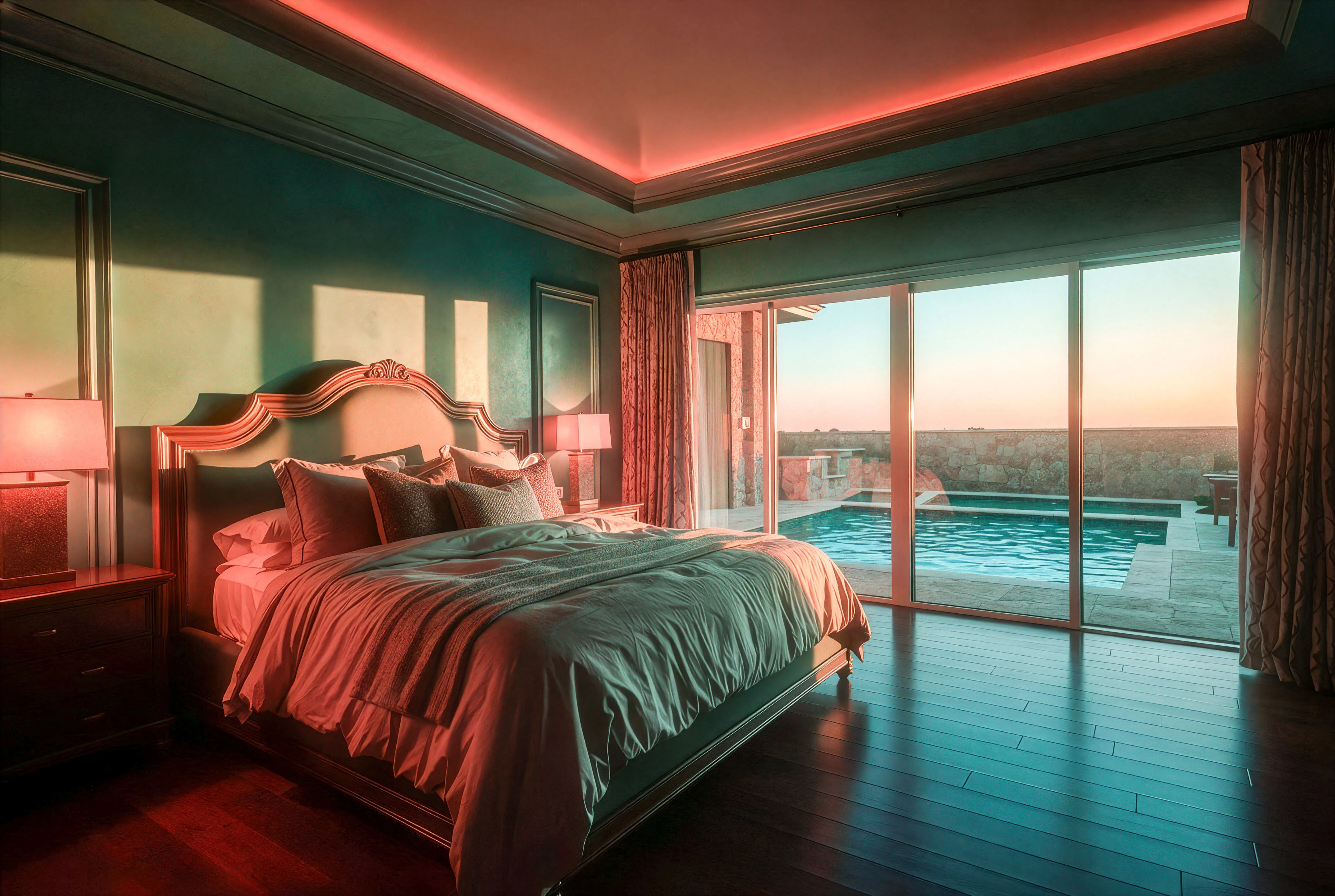 Primary bedroom suite with glass doors to the pool