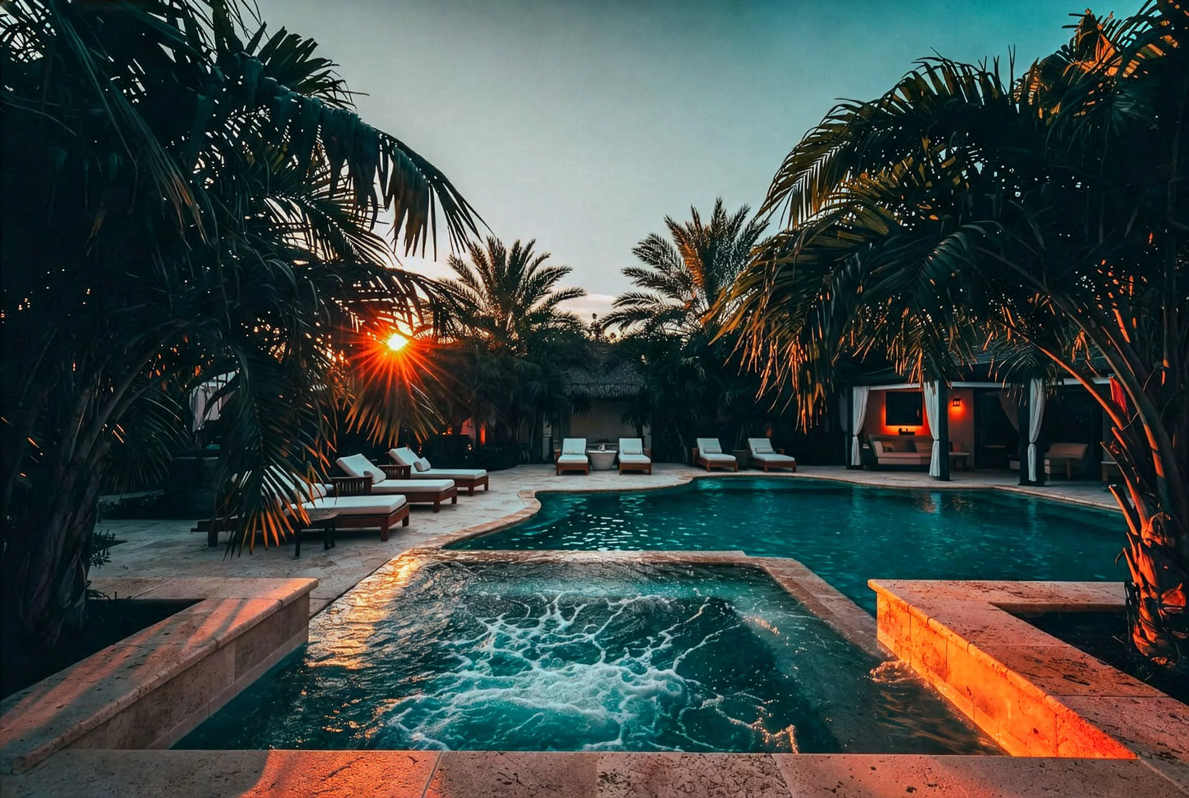 Twilight real estate photography of a pool and outdoor area