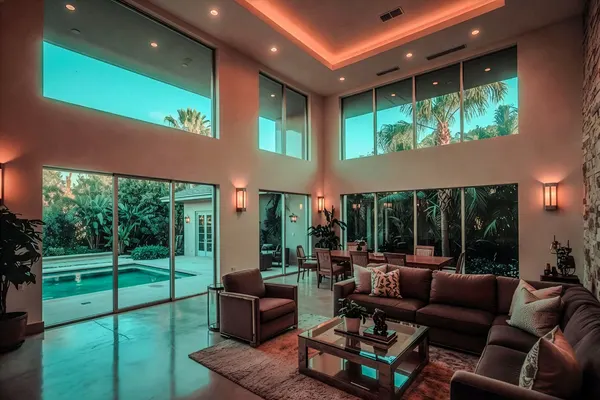 Double-height living room with pool view and ambient evening lighting