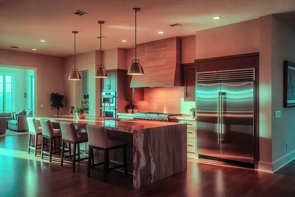 Luxury chef's kitchen with marble waterfall island and pendant lights
