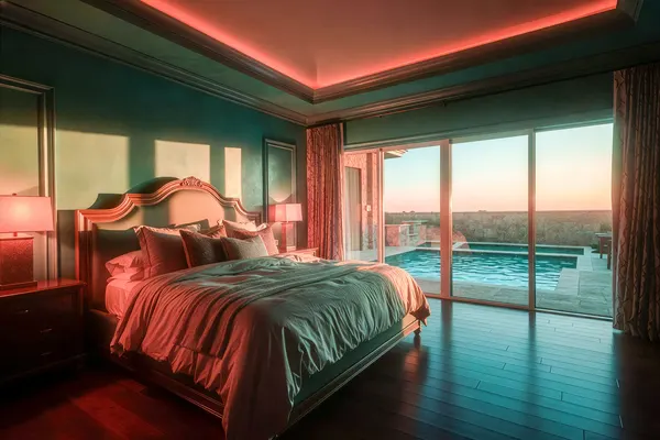 Master bedroom suite with pool and sunset view through glass doors