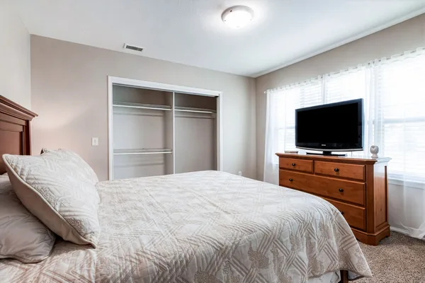Guest bedroom with open reach-in closet and natural light